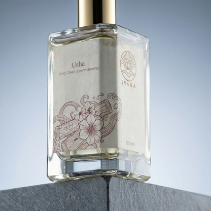 Svara Usha luxury wellness brand India – commanding dry musk and smoky woods ambition fragrance