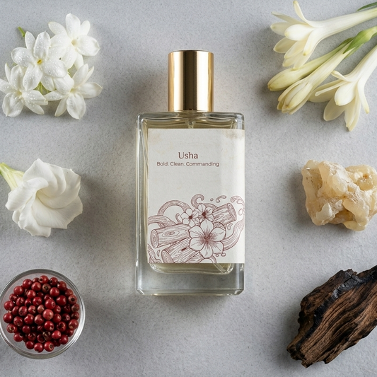 Top-down view of Svara Usha perfume surrounded by natural fragrance ingredients including white jasmine flowers, pink peppercorns, and sandalwood on a minimalist stone slab.